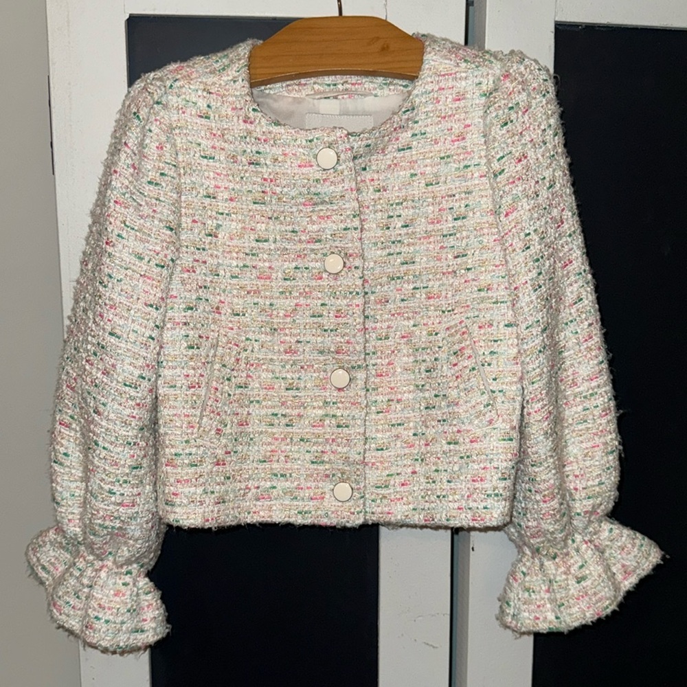 Janie & Jack 5T Girls Tweed Jacket White w/ green/pink/lite blue/gold sparkles